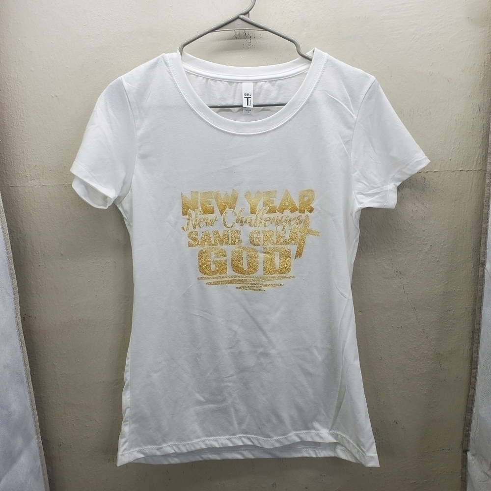 New Year Same Great God Short Sleeve T Shirt Women Size Large White NEW